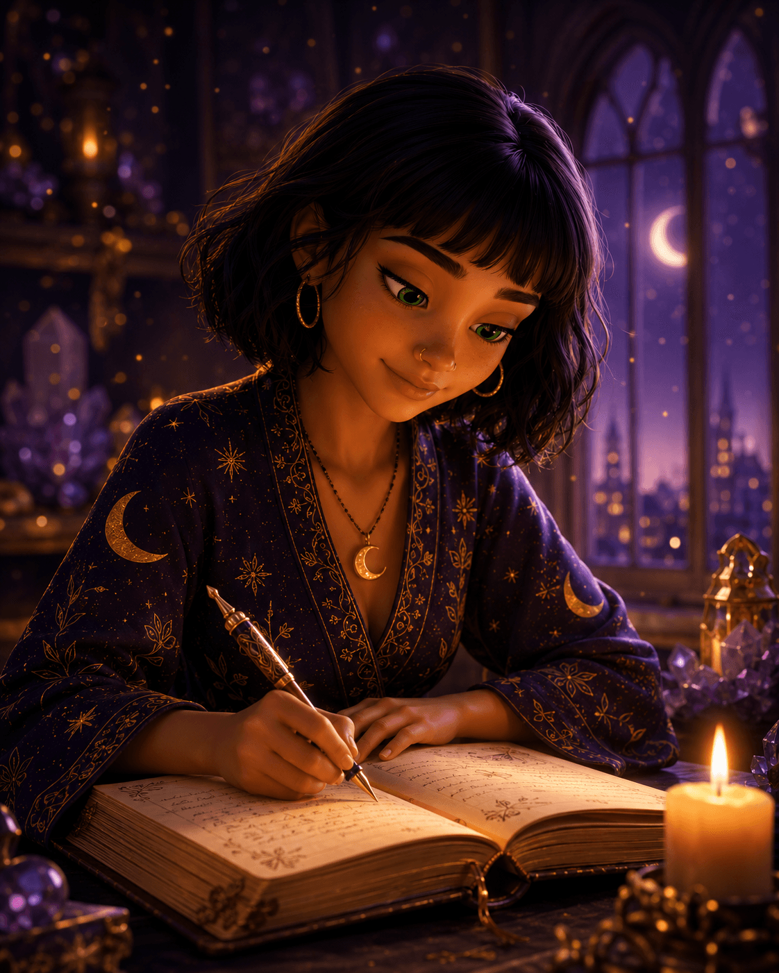 Elara Nova escribiendo en su journal